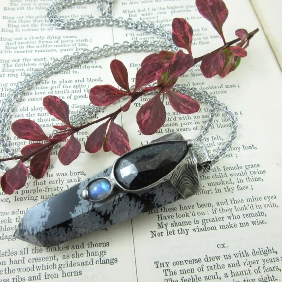 Callisto Jewelry Snowflake Obsidian Black Ruby & Moonstone Crystal Pendant - Picture 3 of 5